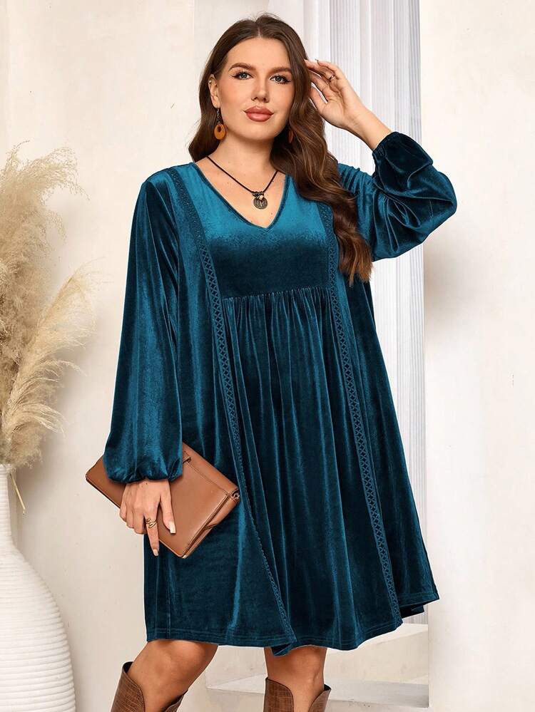 Plus Size Women Fall Country  Elegant  Casual V-Neck Long Sleeve Velvet Lace Patchwork Blue Dress, , Elegant Dresses For Party ,,Going Out Outfits, New Clothes,Simple And Fashionable For Everyday Wear, Plus Size ,New Year Dress,Spring