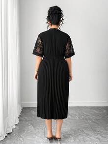 EMERY ROSE Plus Size Women's Mandarin Collar Hollow Out Pleated Waist Elegant Party Short Sleeve Dress - Black - View 2