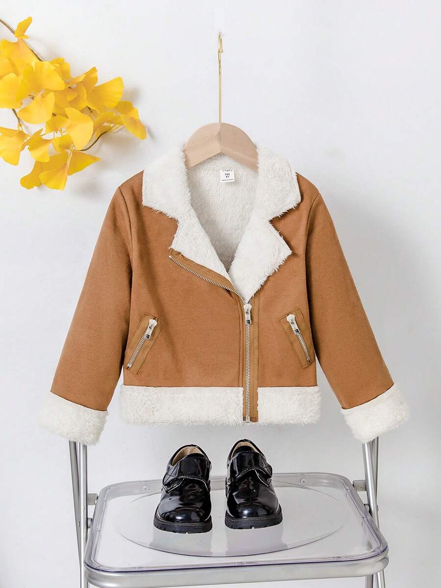 SHEIN 女童休闲仿麂皮绒保暖加厚翻领外套，时尚百搭，适合日常外出穿着，可搭配各种毛衣、T恤、裤子，秋冬季节必备。 - 棕色 - 查看 1