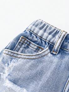 SHEIN Girls Beaded Denim Shorts, Fashionable & Versatile - Medium Wash - View 7