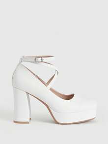 CUCCOO LuxiPop Women's Thick Sole Fashionable Buckle Design High Heel Shoes, Suitable For Party Occasions - White - View 4