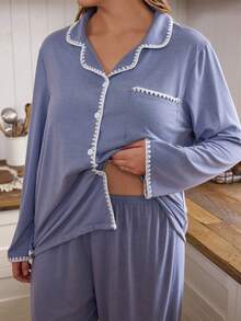 SHEIN Doze Lane Conjunto de pijama casual americano para mujer de talla grande, pantalón de manga larga con ribete de contraste en el cuello, ropa de estar en casa - Multicolor - Ver 6