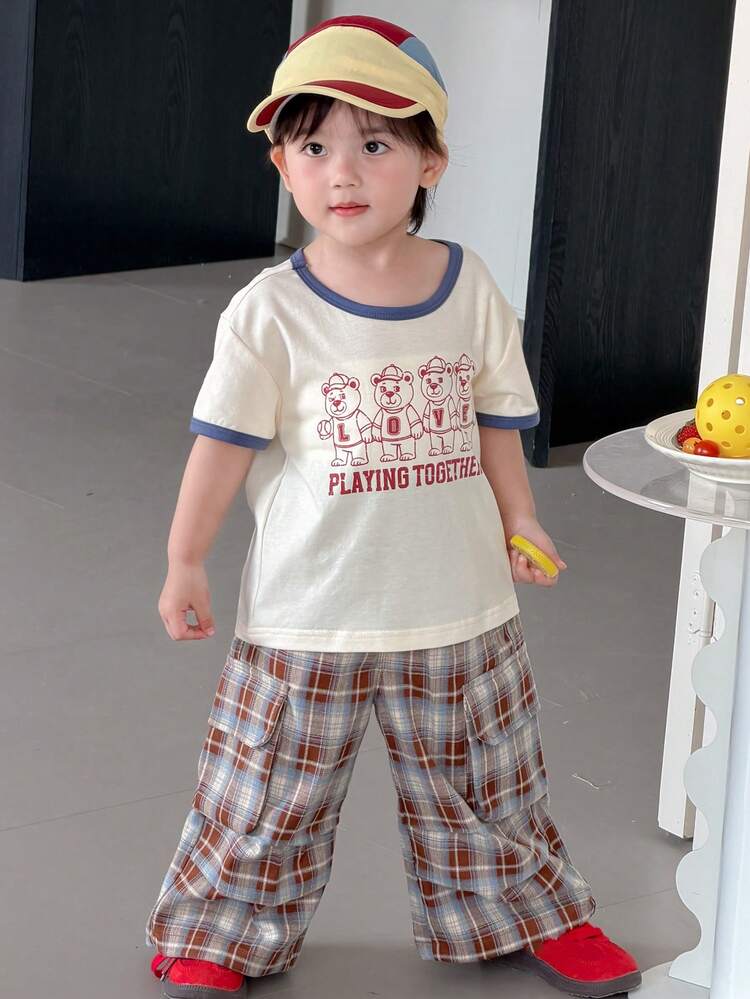 Toddler Boys' Cartoon Print Contrast Color Round Neck Short Sleeve Top
