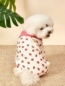 PETSIN 1件宠物狗毛绒棉质外套，保暖舒适，红色草莓图案印花，可爱高领可拖拽狗狗四肢连体衣外套 - 草莓白色 - 查看 5