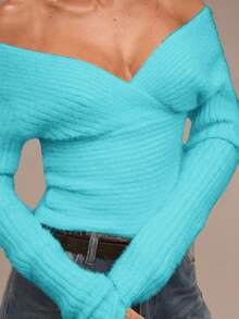 SHEIN BAE 1pc Women's Solid Color Off-Shoulder Long Sleeve Fitted Sweater Teal