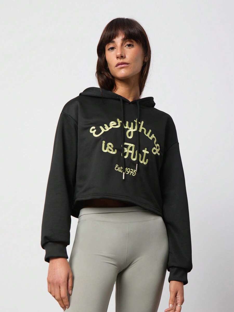 SURIMA Sudadera holgada con capucha, estampado minimalista y casual para mujer - Negro - Ver 1