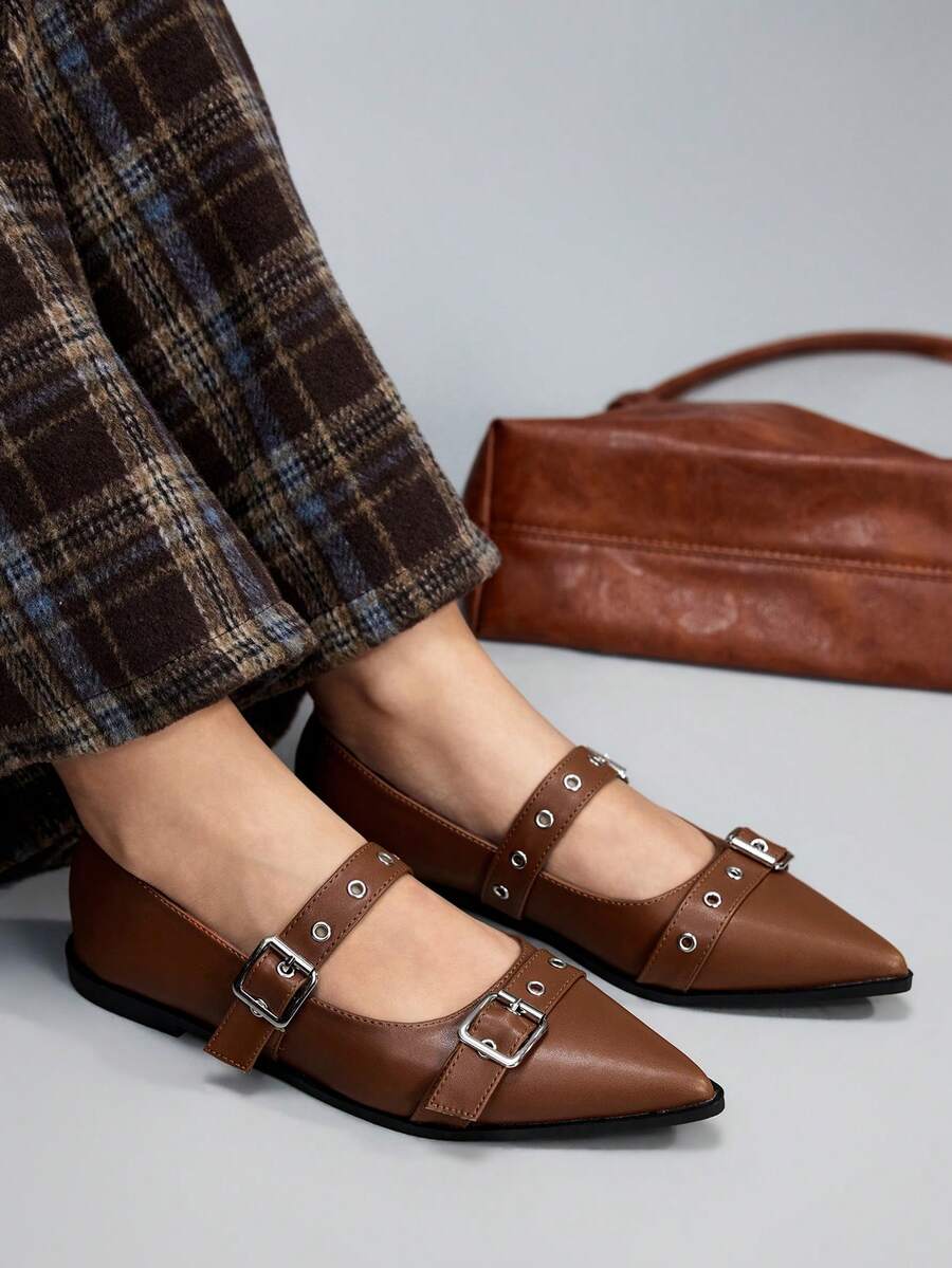 CUCCOO GRLICON 女士尖头搭扣设计时尚百搭平底鞋 - 棕色 - 查看 1