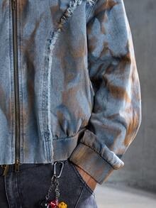 ROMWE MEN Street Life Áo khoác denim nam dáng rộng, in họa tiết nhuộm tie-dye cổ điển, kiểu dáng thường ngày, có mũ trùm đầu. - Màu Khaki - Xem 5