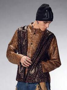 ROMWE MEN Grunge Punk Men's Leopard Print PU Leather Patchwork Hooded Belted Jacket - Brown - View 3