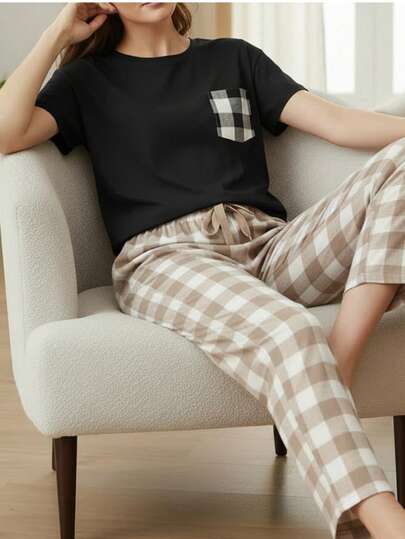 Conjunto de pijama a cuadros para mujer, ropa de Navidad y otoño, Manga Corta , perfecto para festividades , Comodo