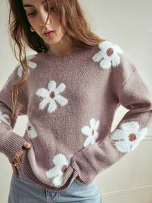 Écloséra Women's Casual Fluffy Flower Pattern Round Neck Drop Shoulder Long Sleeve Knit Pullover Sweater, Autumn/Winter