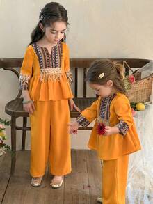 LMoss Kids 两件套少女撞色编织休闲衬衫和裤子套装 - 彩色 - 查看 5