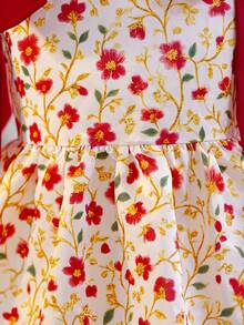 SHEIN Young Girl Ditsy Floral Slip Princess Dress,White Summer Party Flower Girl Dress,Woven Contrast Color Square Neck Cherry Dress For Kids Daily Wear - Hot Pink - View 14