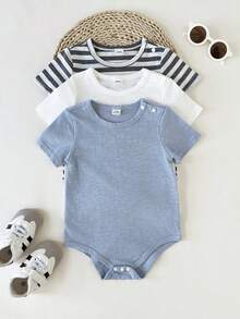 SHEIN 3pcs Baby Boy Casual Cute Solid Color & Striped Pocket Crew Neck Short Sleeve Bodysuit, Suitable For Spring/Summer Outings, Daily Outdoor Play, Home, Comfortable & Versatile - Multicolor - View 9