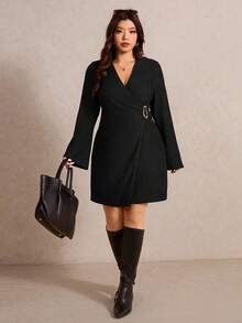 Elaquor Vestido envolvente de unicolor talla grande, adecuado para ir al trabajo - Negro - Ver 5