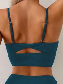 SHEIN Swim 女士高腰收腹纹理面料短裤，黑色吊带比基尼泳装套装，夏季度假休闲 - 墨綠色 - 查看 3