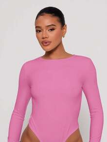 MUSERA Crew Neck Long Sleeve Bodysuit Fitted Casual Capsule Wardrobe Basic Everyday Business Office Work Back To School Winter White Lounge - Pink - View 6