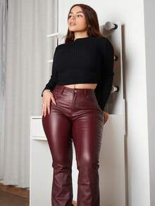 Lupita Cardoza 女式纯色 PU 皮革喇叭裤，带口袋，时尚'