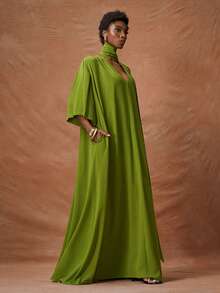 Zivah 2026 Spring/Summer New Music Festival, Easter, St. Patrick's Day, Valentine's Day, Date, Western, Nomadic, Birthday Party, Graduation, College, Student, Daily Casual, Basic, Leisure, Vacation, Cruise, Beach, Sunbathing, Viral Hit, Streetwear, Wedding Guest Boho, Commute, Brunch, Airport, Party, Holiday Outing, Office Wear V-Neck Mid-Sleeve Long Loose A-Line Dress With Sash, Pleated, Green, Pockets - Green - View 6