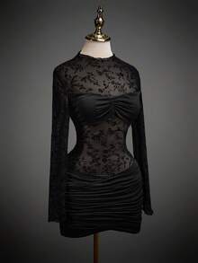 SHEIN ICON Flocked Mesh Patchwork Sheer Ruched Long Sleeve Mini Dress - Black - View 1