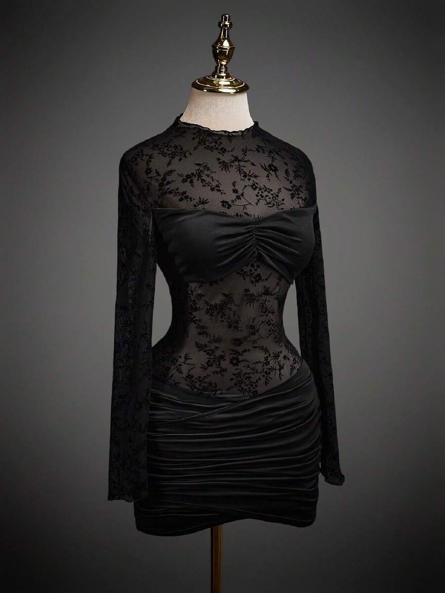 SHEIN ICON Flocked Mesh Patchwork Sheer Ruched Long Sleeve Mini Dress - Black - View 1