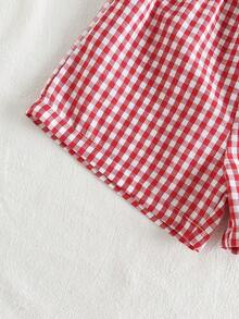 SHEIN Vintaside Kids 女童格子吊带背心和直筒短裤套装（2件套），休闲舒适，适合外出、上学、居家穿着，百搭甜美，充满活力的红色格子假日套装 - 紅色 - 查看 5