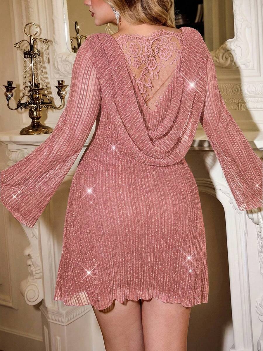 Auralis 大码女装秋冬时尚优雅舒适派对亮面黑色露背喇叭袖短裙，秋季穿搭，优雅派对礼服，晚礼服，时尚婚礼 - 藕粉色 - 查看 1