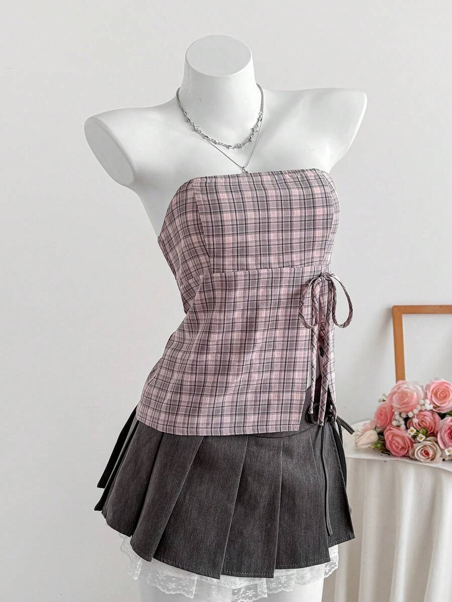 Comfortcana Women's Plaid Minimalist Casual Tie Front Bandeau Top - Blue - View 1