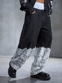 ROMWE MEN Street Life 男士拼接时尚休闲弯刀牛仔裤 - 黑色 - 查看 4