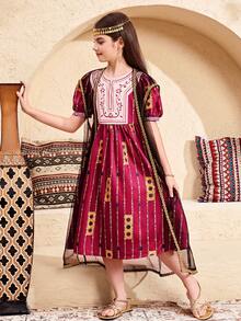 SHEIN 2pcs/Set Tween Girl Burgundy Summer Elegant Wedding Guest Ditsy Floral Woven Dress With Mesh Overlay Jacket, Modest Abaya Kaftan, Tween Girl Jalabiya Maxi - Hot Pink - View 8