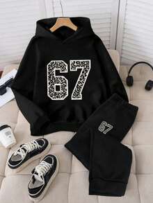 Sparklyn 1 Set Tween Girls Casual Minimalist Number 67 & "Six Seven" Letter Print Black Hoodie And Sweatpants Set, Suitable For Winter Outings And Campus Wear - Black - View 3