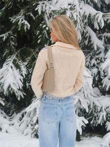 Sydney Algeri Suéter de Gola Alta para Férias Feminino, Branco, Outono/Inverno, Tops de Manga Longa - Preto e Branco - Visão 2