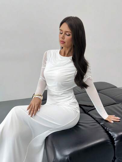 Firerie Women's Elegant Romantic Date Wedding Guest Dress, Long Sleeve Turtleneck Asymmetric Design Mesh Waist Ruched Fishtail Hem Dress, Suitable For Valentine's Day, Wedding Season, Elegant Daily Wear, Party Events, White Dress