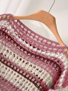 CosyJoli 大码休闲蓝白条纹镂空船领宽松短款长袖毛衣 - 紅色 - 查看 3