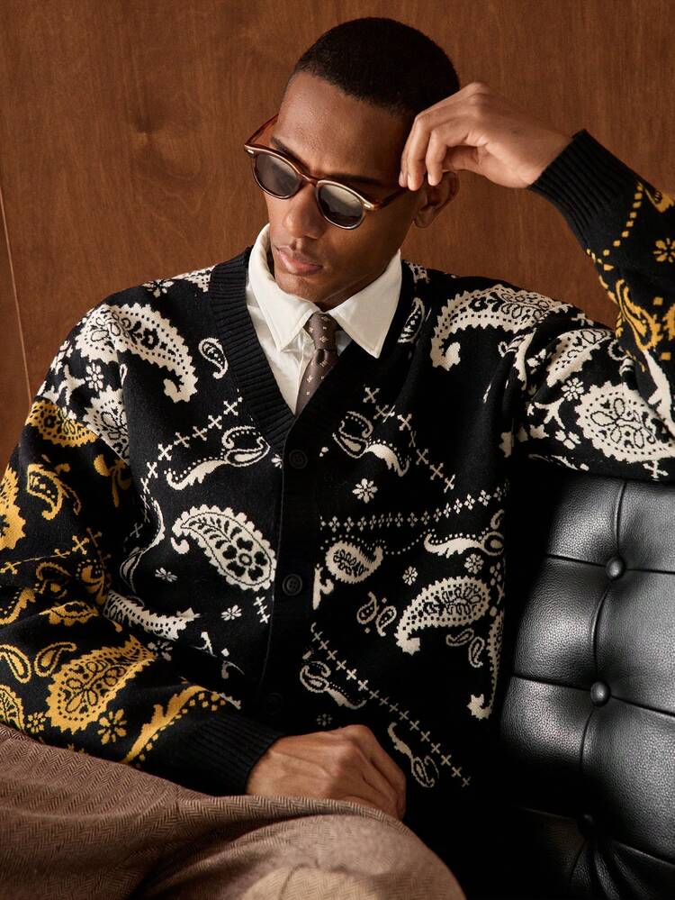 Men's Casual Cashew Jacquard Long Sleeve Knitted Cardigan, Autumn/Winter