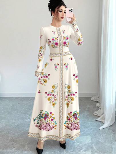 Modelyn Floral & Geometric Digital Print Crew Neck Long Sleeve A-Line Dress For Women, Summer