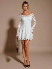 SHEIN BAE 黑色蕾丝露肩修身迷你连衣裙，优雅性感女士长袖蕾丝连衣裙，黑色蕾丝连衣裙，优雅小黑裙 - 白色 - 查看 4