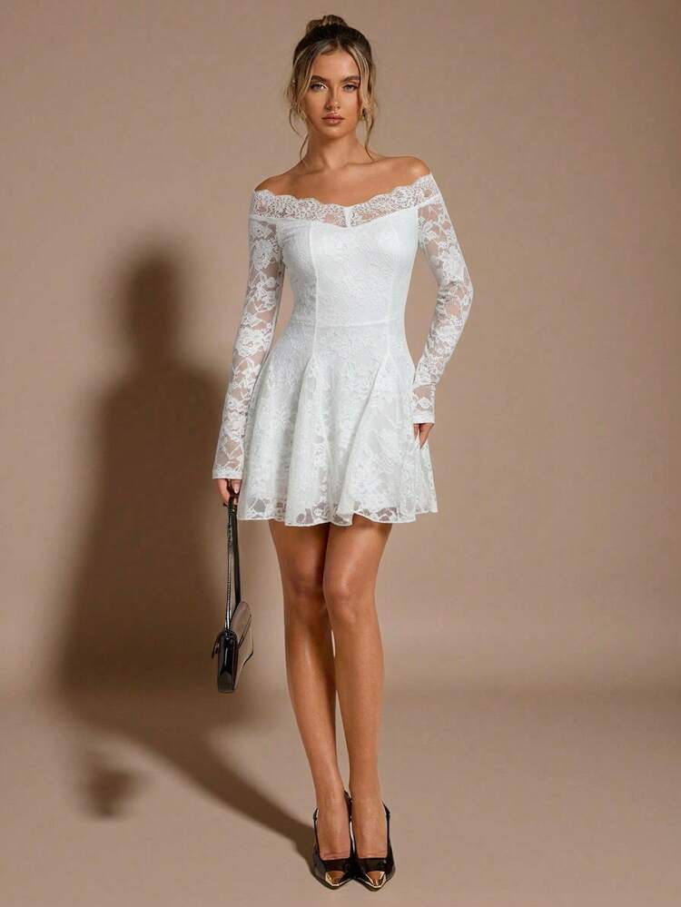 SHEIN BAE فستان ضيق قصير بدون كتف من الدانتيل الأسود، فستان دانتيل أنيق وجذاب للنساء بأكمام طويلة، فستان دانتيل أسود، فستان أسود أنيق وقصير - أبيض - مشاهدة 4