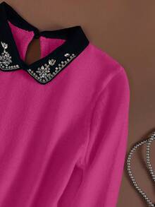 Franclia Vintage élégant pull tricoté 2 en 1 avec décoration de diamant, col, manches longues, porter décontracté tous les jours, retour à l'école, automne/hiver - Rose vif - Voir 5