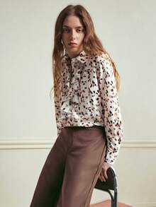 Écloséra Spring Outfit: New Long-Sleeved Shirt, Elegant And Fashionable Shirt For Spring And Autumn, Apricot Floral Print Ruffle Collar Women's Shirt, Slimming And Stylish Shirt For Going Out. - Multicolor - View 5