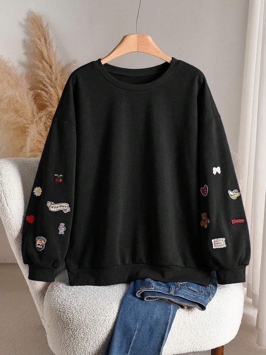 CosyJoli Plus Size Casual Crew Neck Pullover Sweatshirt With Graphic Print, Long Sleeve