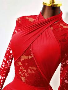 Mistrie Đầm dài tay màu trơn viền ren dành cho nữ - Đỏ - Xem 5