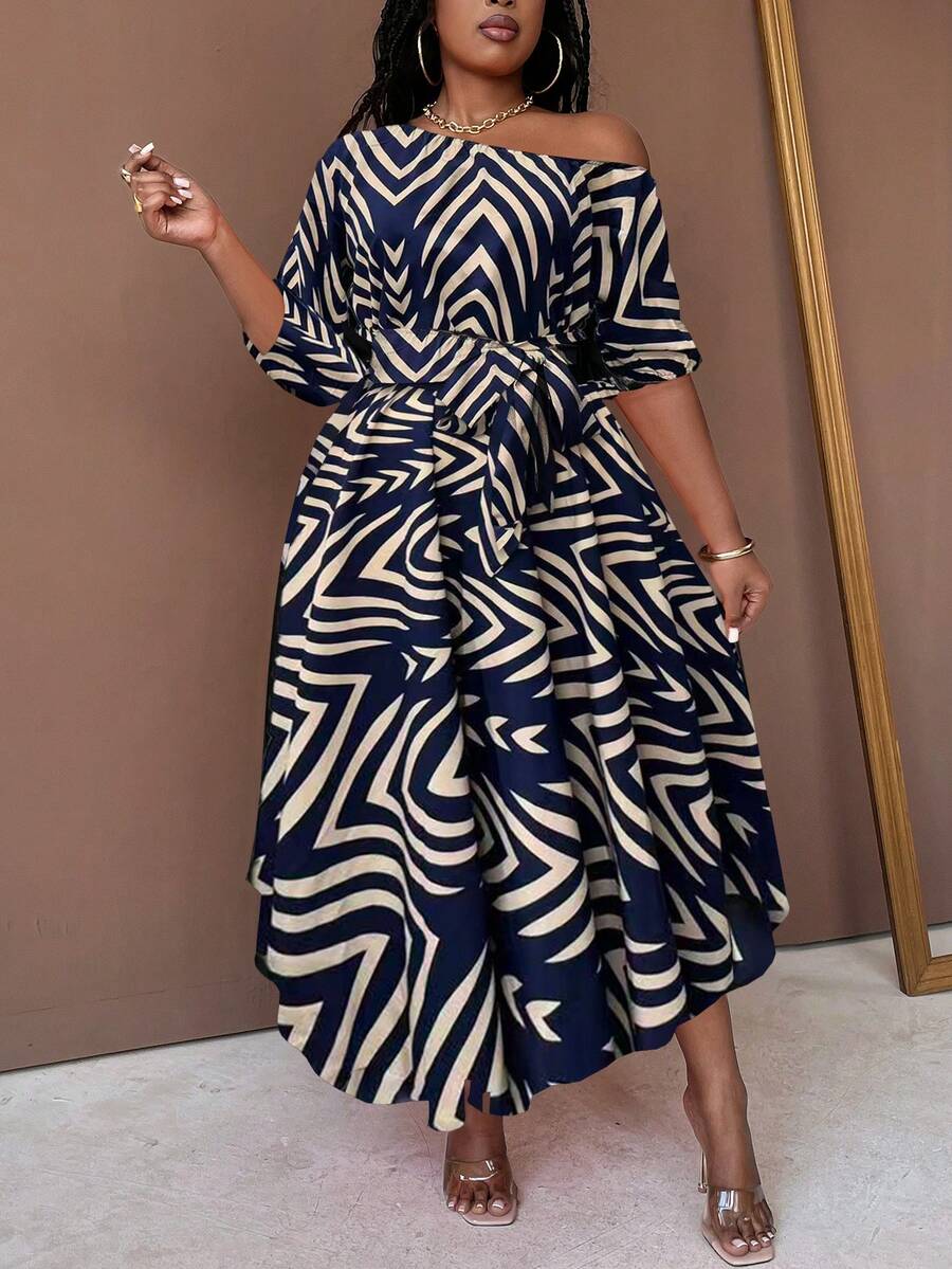 Maweii 大码女式夏季条纹印花不对称领带不对称下摆优雅连衣裙，适合通勤、休闲、商务、办公、日常穿着，百搭时尚，都市风情。 - 彩色 - 查看 1