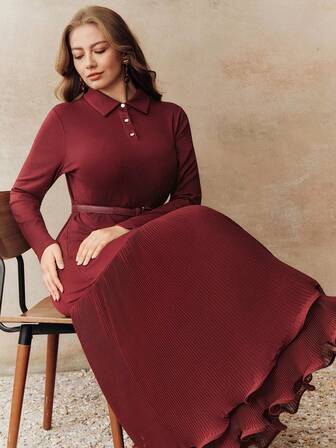 Anewsta Elegante y acogedor vestido largo de manga larga para mujer de talla grande, con diseño de patchwork de unicolor, plisado y dobladillo de cola de pez, en estilo navideño