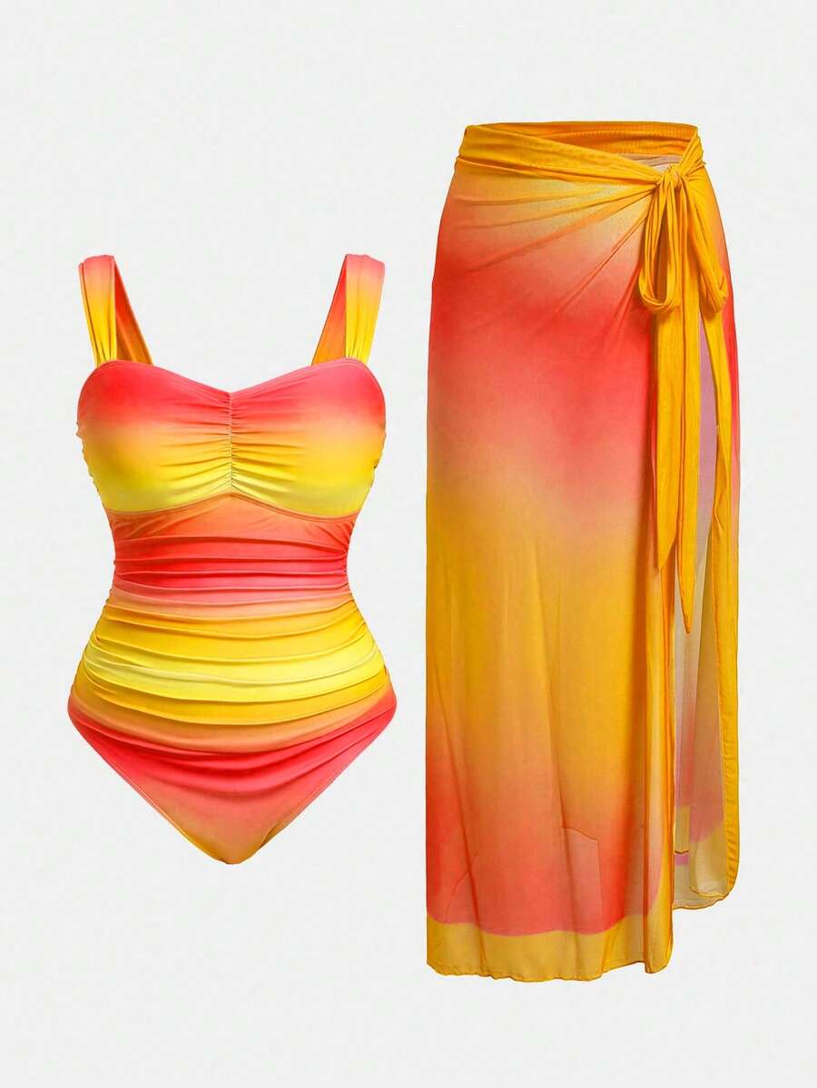 Swim Oasis Plus Size Women 2pcs Gradient Ruched One-Piece Swimsuit - Yellow - View 1