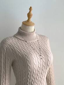 Flirla Sweater Rajut Kasual Kerah Tinggi dengan Tali Serut untuk Wanita/Anak Perempuan - Aprikot - View 4
