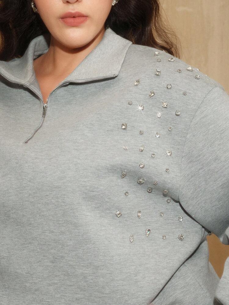 Fashionable Plus Size Studded Design Thermal Lined Sweatshirt, Grey Plus Size Women, Suitable For Autumn, Winter, Christmas