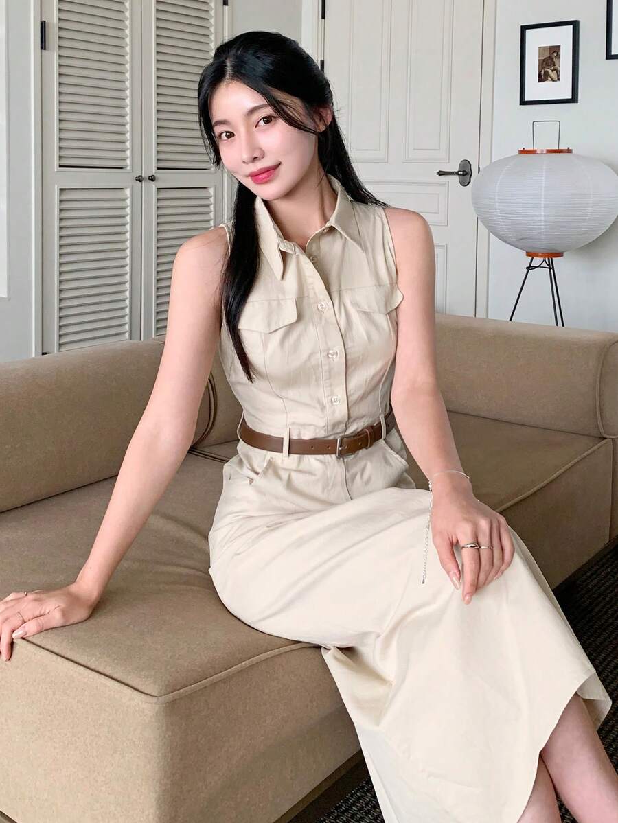 DAZY Đầm nữ thường ngày không tay, thắt eo, có túi hai bên, không kèm thắt lưng, thích hợp đi làm. - Màu Khaki - Xem 1