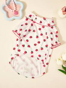 1件宠物猫狗白色甜美可爱草莓印花图案弹力针织舒适花苞袖圆领T恤 - 白色 - 查看 10