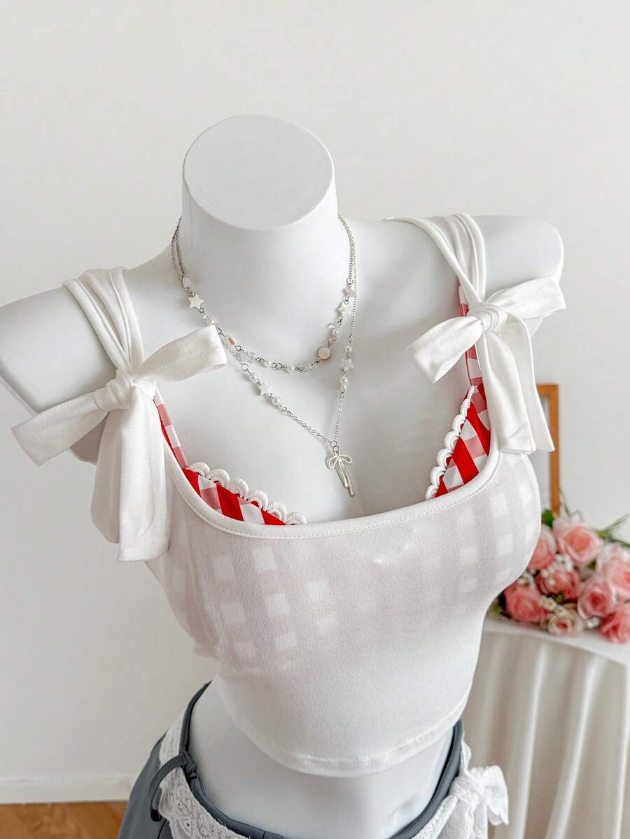 Comfortcana Bộ 3 món dành cho nữ, áo và chân váy ngắn phối màu trơn với nơ, kiểu dáng tương phản. - Nhiều màu - Xem 1